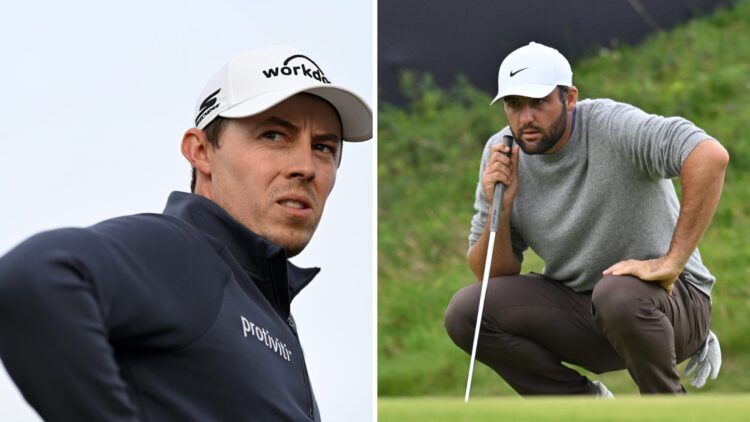 Matthew Fitzpatrick during the second round of The Open Championship at Royal Portrush / Scottie Scheffler lines up a putt on the final hole during...