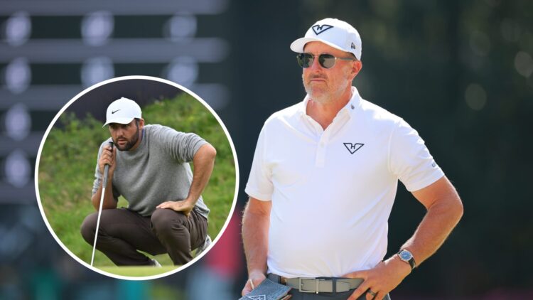 Phil Mickelson in action at LIV Golf Mexico, inset of Scottie Scheffler at The Open Championship