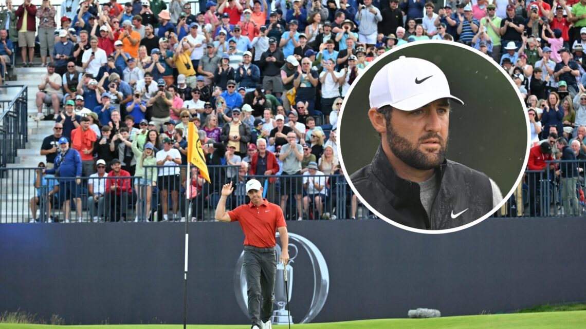 Rory McIlroy makes an eagle at The Open Championship, inset of Scottie Scheffler