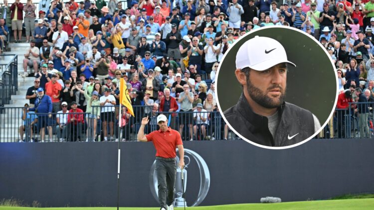 Rory McIlroy makes an eagle at The Open Championship, inset of Scottie Scheffler