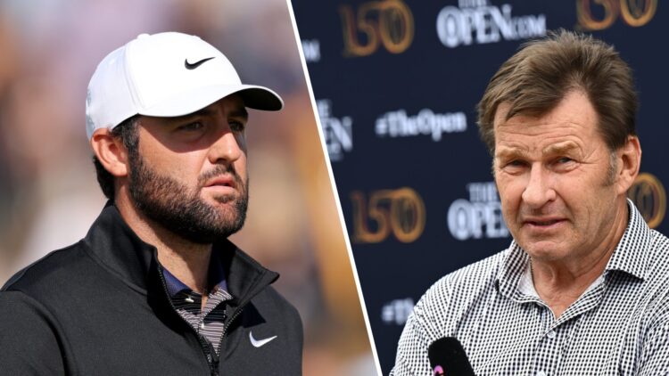 A split image of PGA Tour player Scottie Scheffler and former Masters winner Sir Nick Faldo