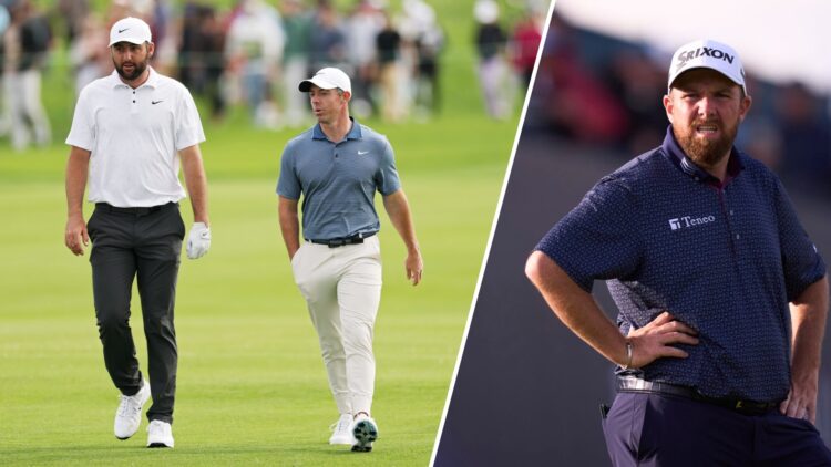 Split image of Scottie Scheffler and Rory McIlroy walking during the 2025 Genesis Invitational (L) and Shane Lowry looking during The Open 2025 (R)