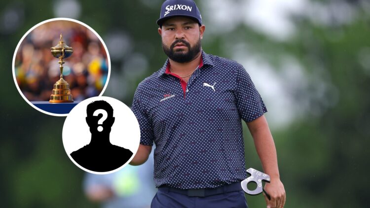 J.J. Spaun celebrates a putt. Inset, Ryder Cup trophy and mystery player graphic.