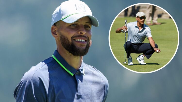 Steph Curry playing golf, Barack Obama lining up putt