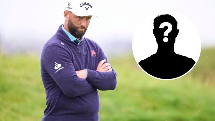 Jon Rahm looks on during the 2025 Open, inset a mystery player