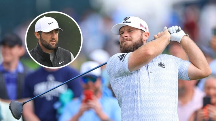 Scottie Scheffler standing on the 12th tee box during round one of The Open Championship / Tyrrell Hatton hits driver in round three at 2025 US Open