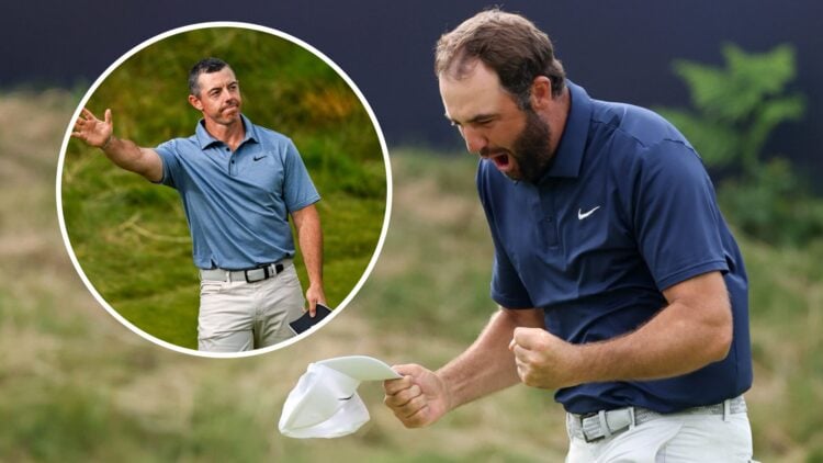 Scottie Scheffler after winning The Open, Rory McIlroy inset