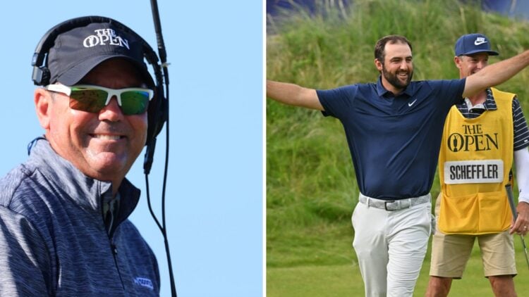 Rich Beem on commentary duty during The Open Championship at Royal St Georges in 2021 / Scottie Scheffler celebrates after winning The Open at Roya...