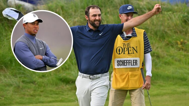 Scottie Scheffler celebrates his winning putt at the Open, with an overlay of Tiger Woods