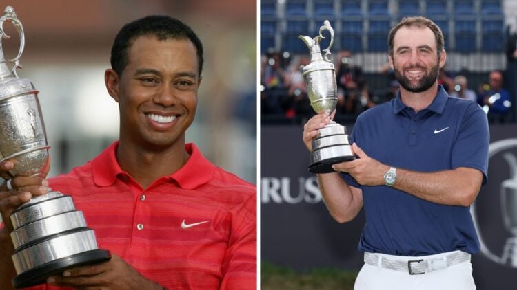 Scottie Scheffler holds aloft the Claret Jug after winning The 153rd Open Championship / Tiger Woods holding the Claret Jug after winning the 135th...