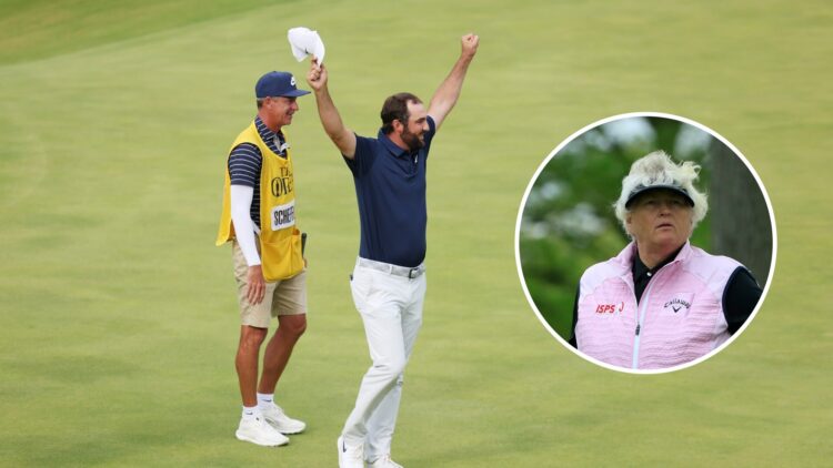 Scottie Scheffler celebrates at The Open Championship 2025, inset Dame Laura Davies looks on at the 2022 Cognizant Founders Cup