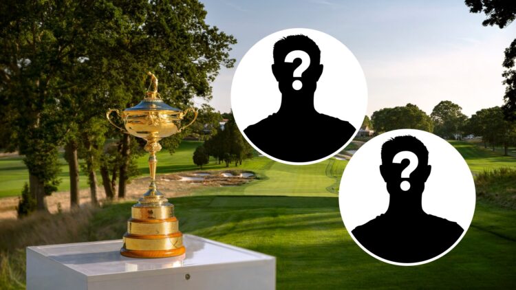 The Ryder Cup trophy sits at Bethpage Black in 2022, insets of two mystery players