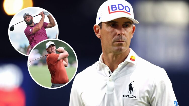 Jon Rahm hits tee shot at LIV Golf Dallas / Brooks Koepka hits an approach shot at the 2025 PGA Championship / Billy Horschel in action during the ...
