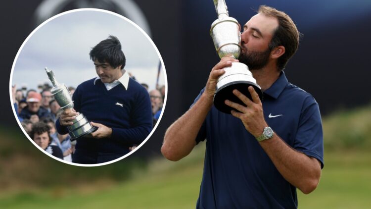 Scottie Scheffler with the Claret Jug, Seve Ballesteros with the Claret Jug