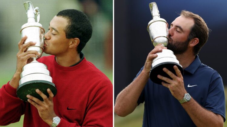 Split image of Tiger Woods kissing the Claret Jug at The Open 2000 (L) and Scottie Scheffler kissing the Claret Jug at The Open 2025 (R)