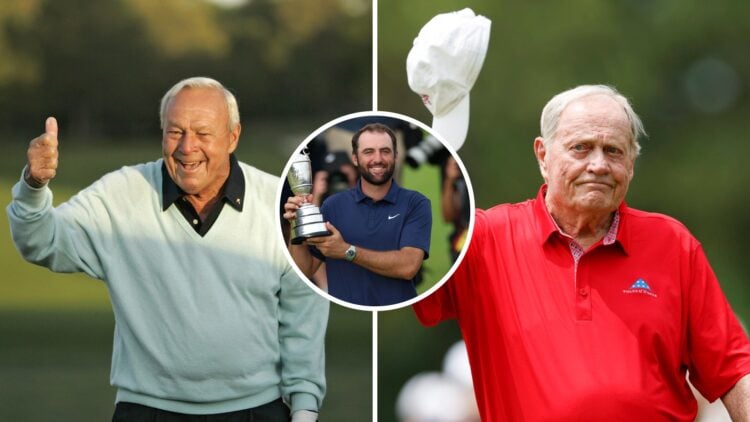 A split image of Arnold Palmer and Jack Nicklaus with an overlay of Scottie Scheffler holding the Claret Jug