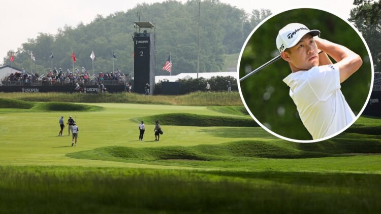 Collin Morikawa hits a tee shot at Travelers Championship, inset of Oakmont