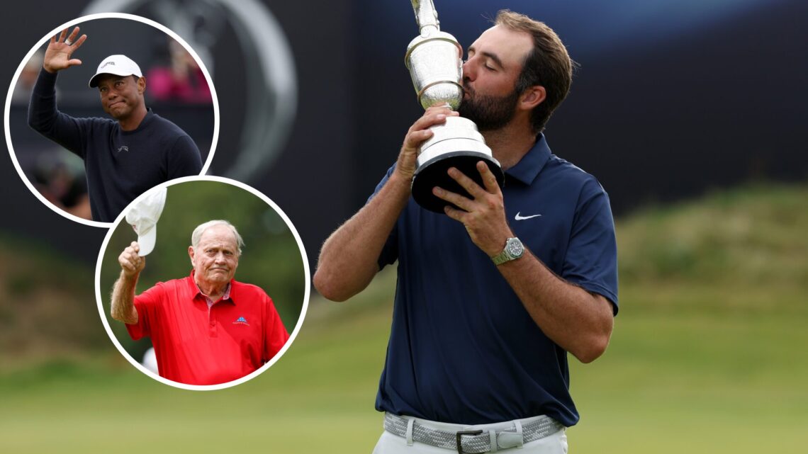 Jack Nicklaus at The Insperity Invitational in 2025 / Scottie Scheffler kisses the Claret Jug after winning The Open Championship at Royal Portrush...