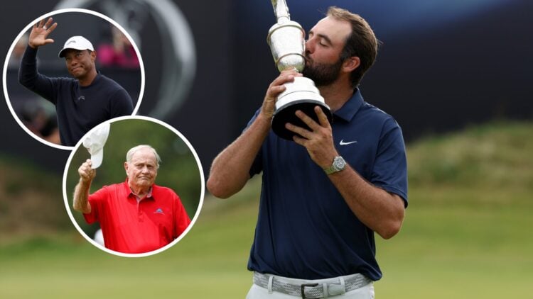 Jack Nicklaus at The Insperity Invitational in 2025 / Scottie Scheffler kisses the Claret Jug after winning The Open Championship at Royal Portrush...
