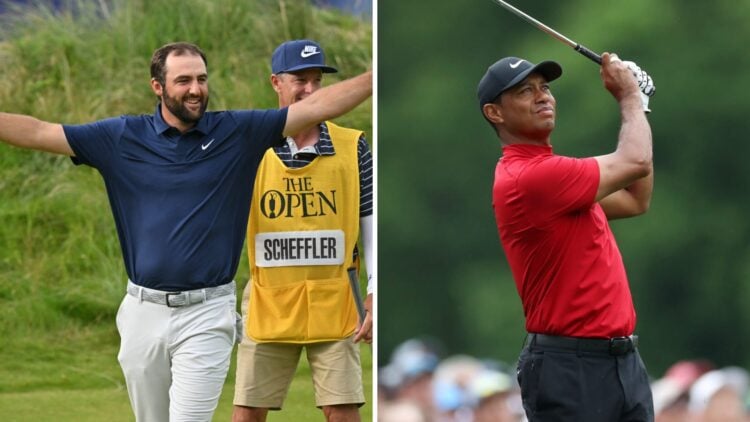 Split image of Scottie Scheffler and Tiger Woods