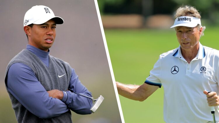 A split image of Tiger Woods and Bernhard Langer playing golf