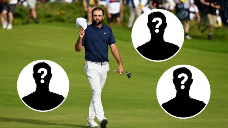 Scottie Scheffler acknowledges the crowd at The Open 2025, insets of three mystery players