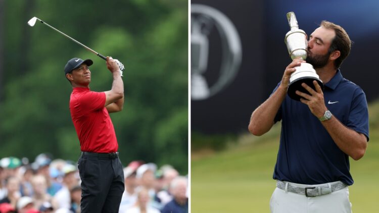 Tiger Woods hits a shot during the final round of the 2019 Masters / Scottie Scheffler kisses the Claret Jug after winning The Open Championship at...