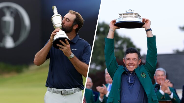 Scottie Scheffler kisses the Claret Jug, Rory McIlroy lifts The Masters trophy