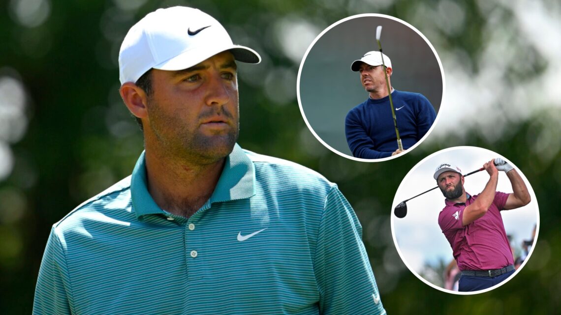Scottie Scheffler looks on during the 2025 Travelers Championship, insets Rory McIlroy practices at The Open 2025 and Jon Rahm plays at LIV Golf Da...