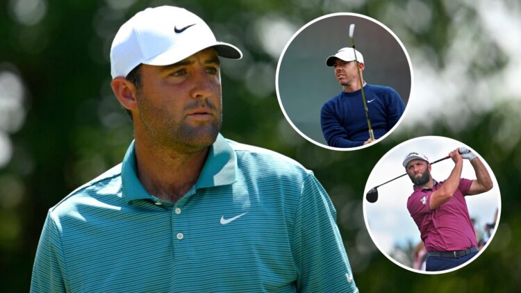 Scottie Scheffler looks on during the 2025 Travelers Championship, insets Rory McIlroy practices at The Open 2025 and Jon Rahm plays at LIV Golf Da...