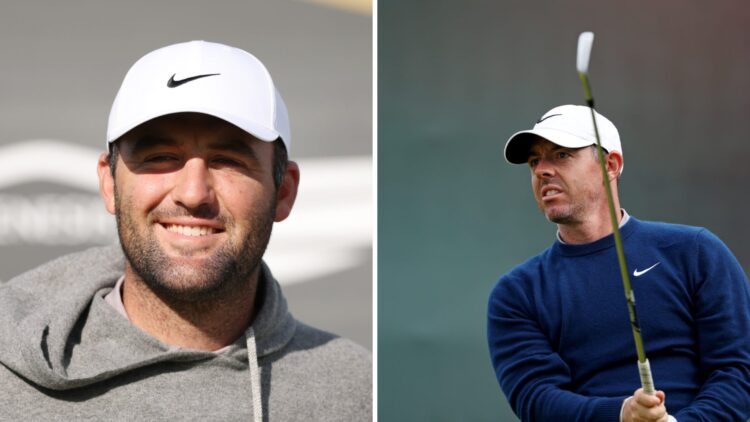Scottie Scheffler playing a practice round at the Scottish Open in 2025 / Rory McIlroy hits a shot during a practice round at Royal Portrush ahead ...