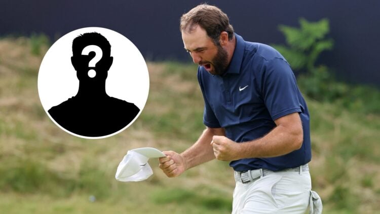 Scottie Scheffler celebrates winning The Open 2025, inset a mystery player