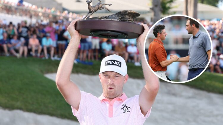 An image of Brian Campbell with the John Deere Classic trophy with an overlay of Scottie Scheffler and Rory McIlroy
