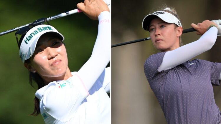 Lydia Ko in action at The Amundi Evian Championship 2025 at Evian Resort Golf Club / Nelly Korda in action during the Grant Thornton Invitational 2024