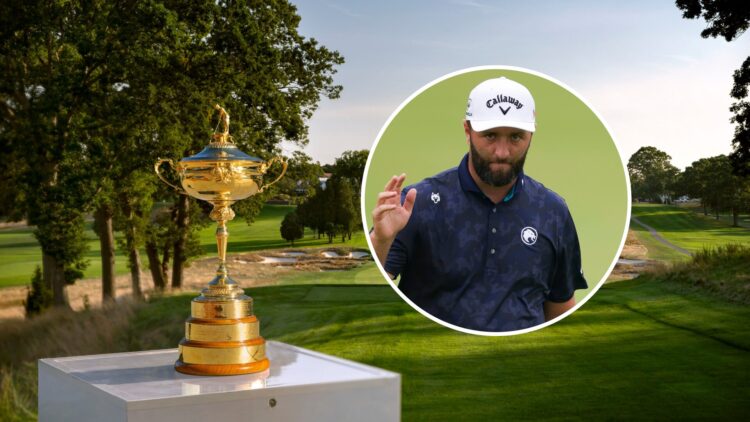 The Ryder Cup sits at Bethpage Black in 2022, inset Jon Rahm acknowledges fans at the 2025 US Open