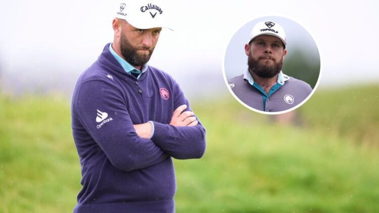 Tyrrell Hatton looks on during 2025 US Open final round / Jon Rahm plays during round one of The Open Championship 2025