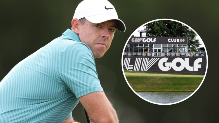 Rory McIlroy waits during the Genesis Scottish Open, inset of LIV Golf logo