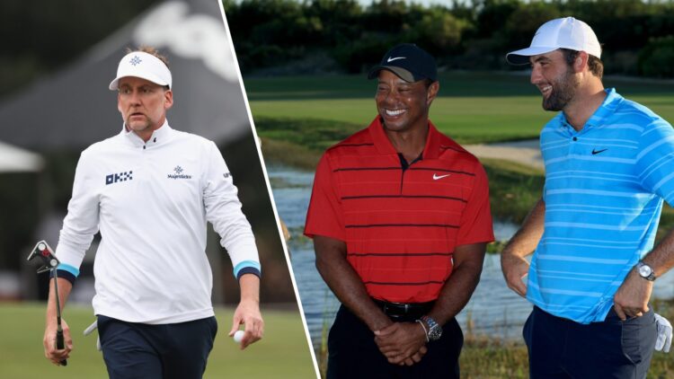 Split image of Ian Poulter reacting during LIV Golf Hong Kong 2024 (L) and Tiger Woods and Scottie Scheffler with the Hero World Challenge Trophy i...