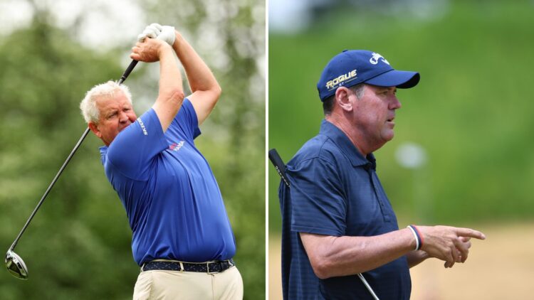 Split image of Colin Montgomerie playing at the Kaulig Companies Championship 2025 (L) and Rich Beem playing at The Senior Open 2022 (R)