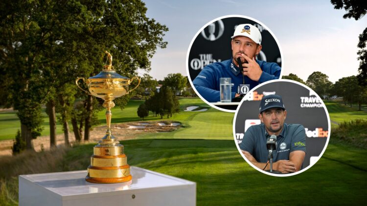 The Ryder Cup trophy is seen at the Bethpage Black Course ahead of the 2025 matchup between Team USA and Europe / Bryson DeChambeau speaks to the m...