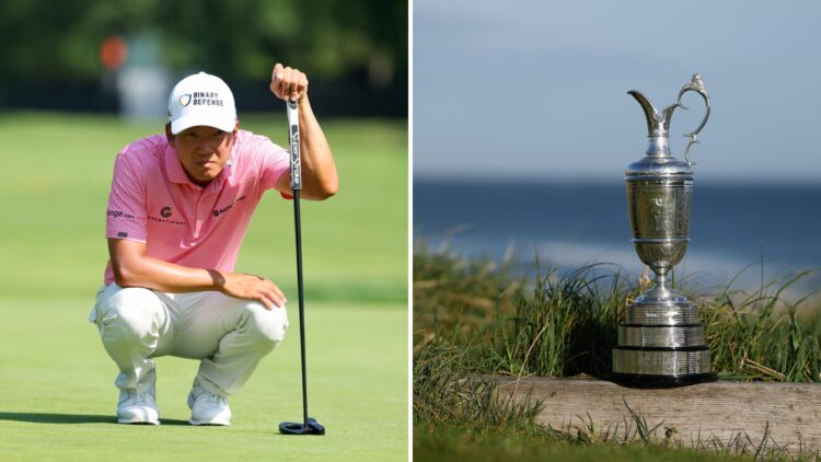 Split image of Michael Kim playing at the 2025 Rocket Classic (L) and the Claret Jug sitting at Royal Portrush in 2025 (R)