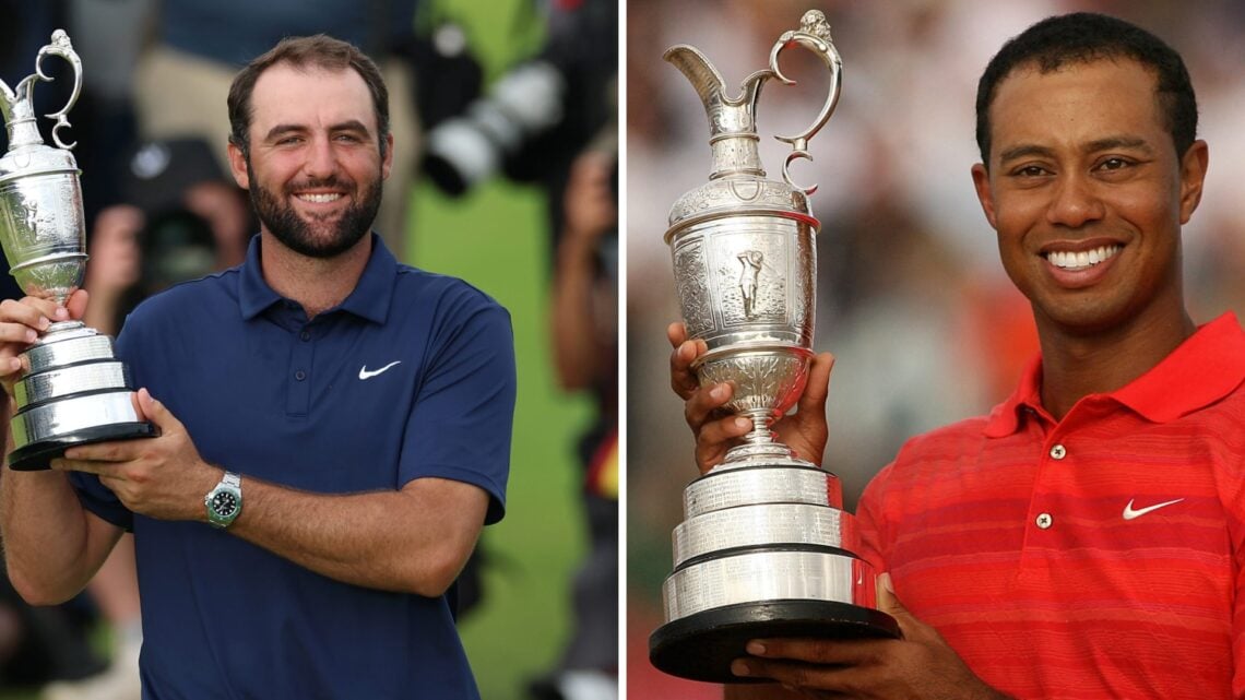 A split image of Tiger Woods and Scottie Scheffler both holding the Claret Jug Trophy