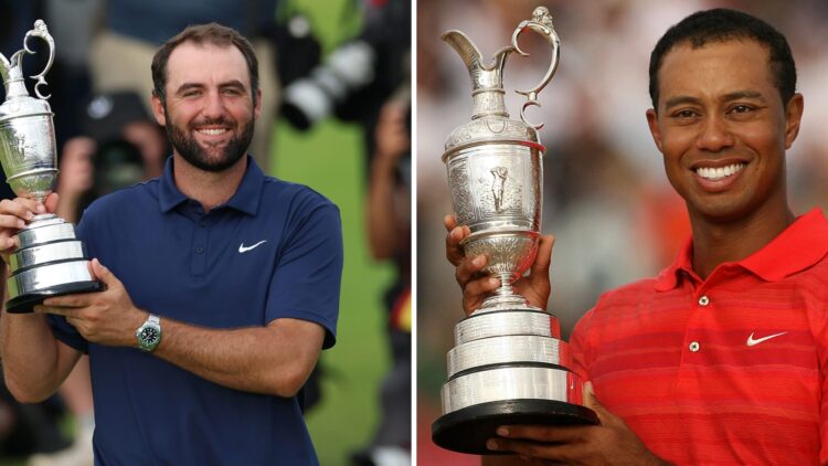 A split image of Tiger Woods and Scottie Scheffler both holding the Claret Jug Trophy