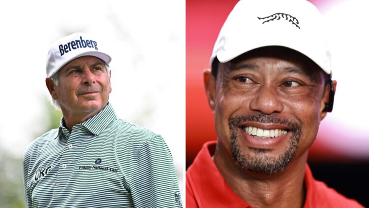 A split image of PGA Tour players Fred Couples and Tiger Woods