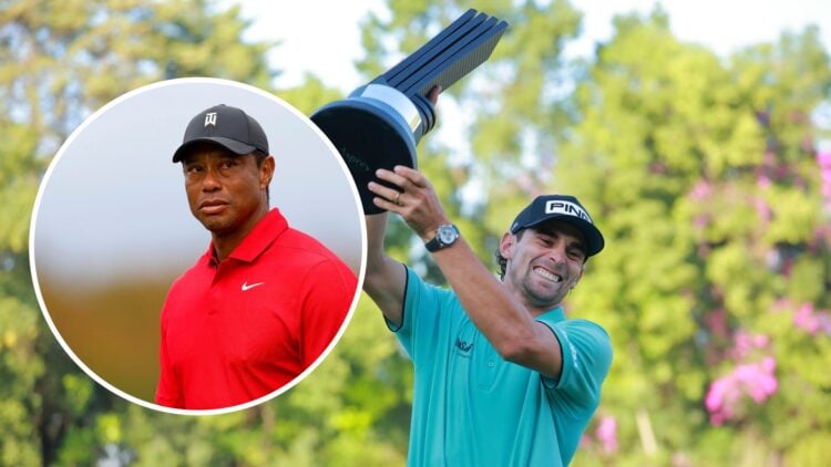 Joaquín Niemann lifts the LIV Golf Mexico City trophy, inset of Tiger Woods at the 2023 PNC Championship
