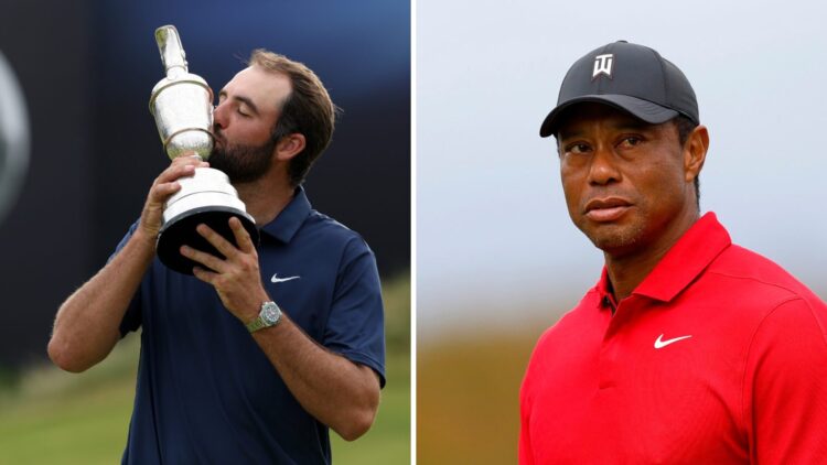 Split image of Scottie Scheffler and Tiger Woods