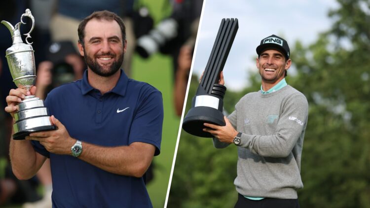 A split image of Scottie Scheffler with the Claret Jug and Joaquin Niemann with the LIV UK Trophy