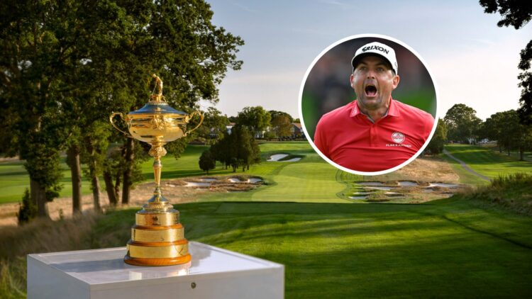 The Ryder Cup trophy is seen at the Bethpage Black Course ahead of the 2025 matchup between Team USA and Europe / Keegan Bradley celebrates after w...