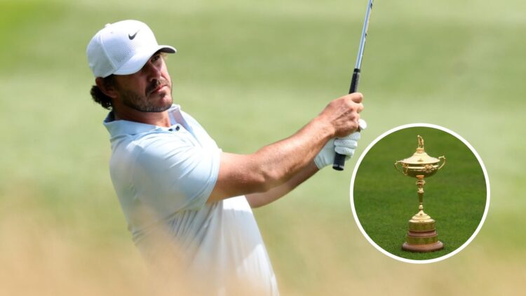 Brooks Koepka playing at LIV Golf UK. Inset, the Ryder Cup trophy.