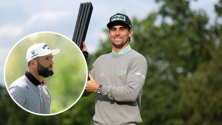 Joaquin Niemann lifts the LIV Golf UK trophy, inset of Jon Rahm at LIV Golf UK